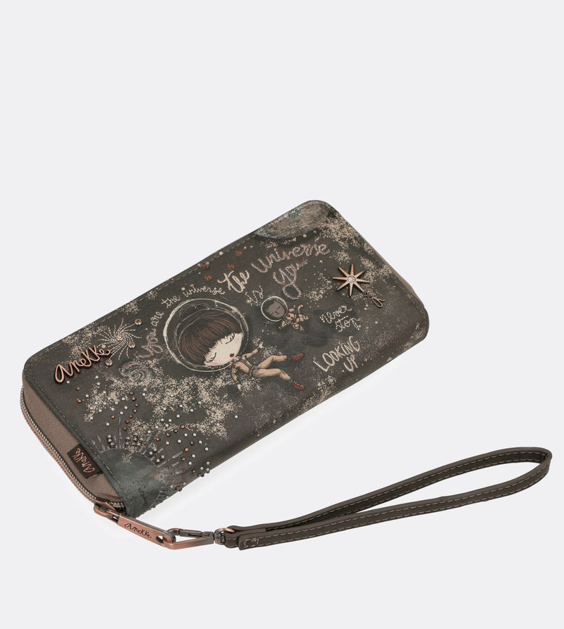 Elegant universe wallet with a wrist strap and a printed design