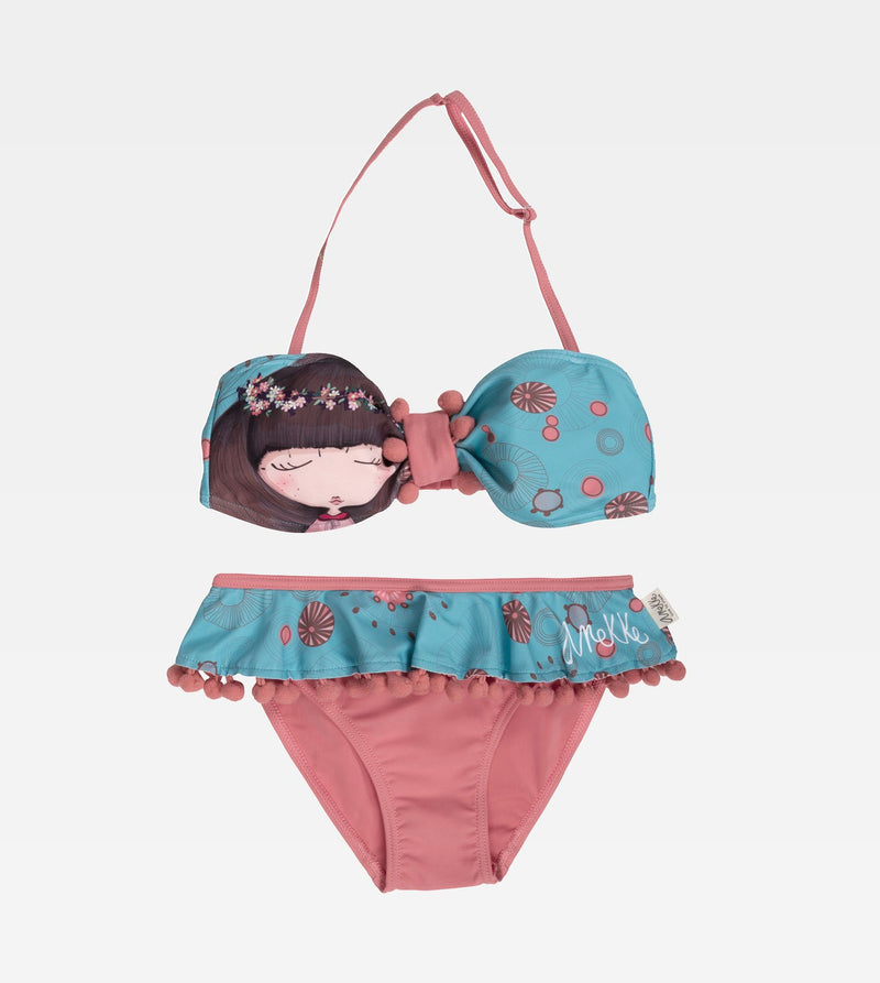 Two-piece bikini flyer for girl in blue and pink